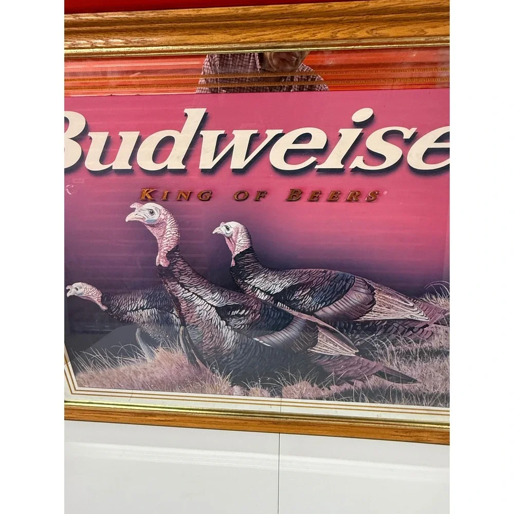 Vintage Budweiser Wild Turkey Bar Mirror King of Beers Wood Frame Large 34x28